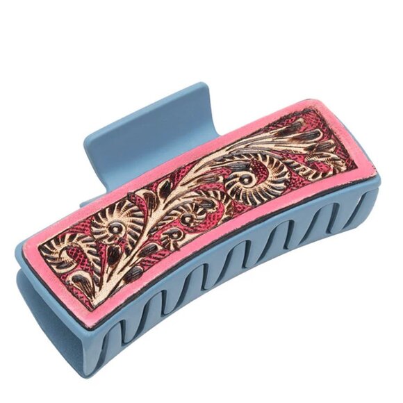 Myra Hair Comb Clip Hand-tooled Leather Gray Blue and Pink "Crimson Sands" - New - Picture 2 of 4